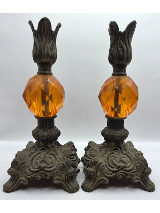 None Other - Vtg Hollywood Regency Cast Metal Amber Glass Candle Holders Pair Tulip Top 8"